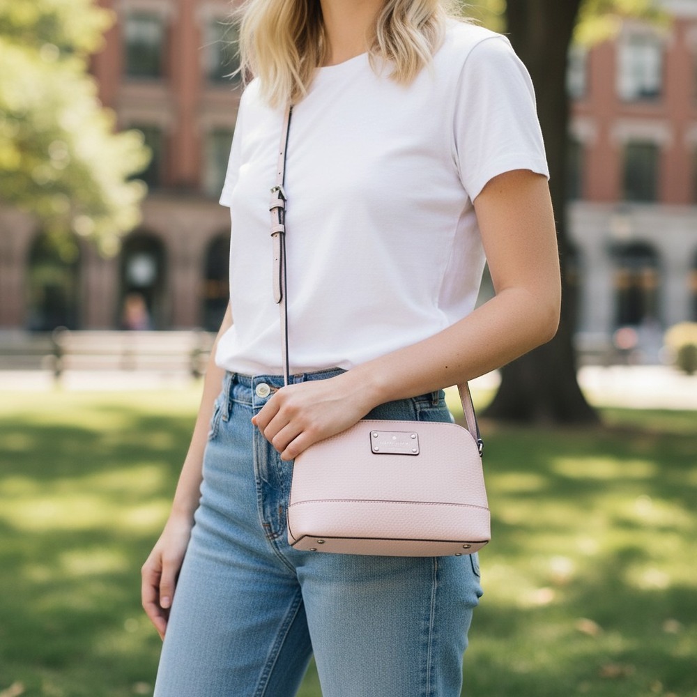 Kate Spade New York Pink Pebbled Leather Dome Crossbody Bag Blush Gold Logo